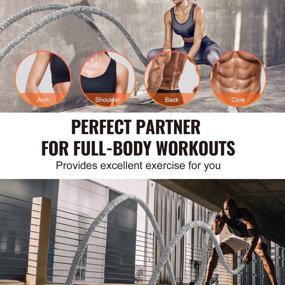 VEVOR Battle Rope, 1,5 Zoll Durchmesser, 30 Fuß Länge, Polyester-Trainingsseil, Battle-Trainingsgerät mit Schutzhülle und Anker, schweres Seil für das Home-Fitnessstudio-Workout, Rumpfkrafttraining, grau