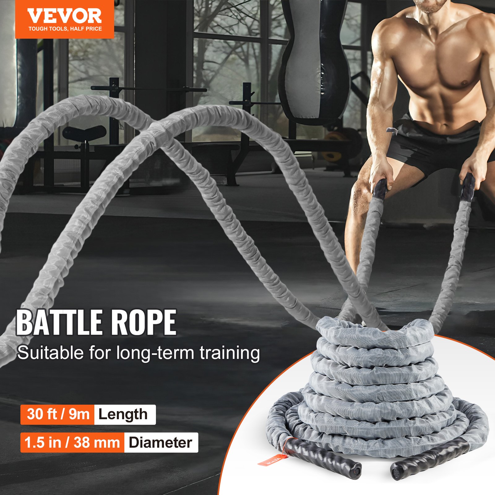 VEVOR Battle Rope, 1,5 Zoll Durchmesser, 30 Fuß Länge, Polyester-Trainingsseil, Battle-Trainingsgerät mit Schutzhülle und Anker, schweres Seil für das Home-Fitnessstudio-Workout, Rumpfkrafttraining, grau
