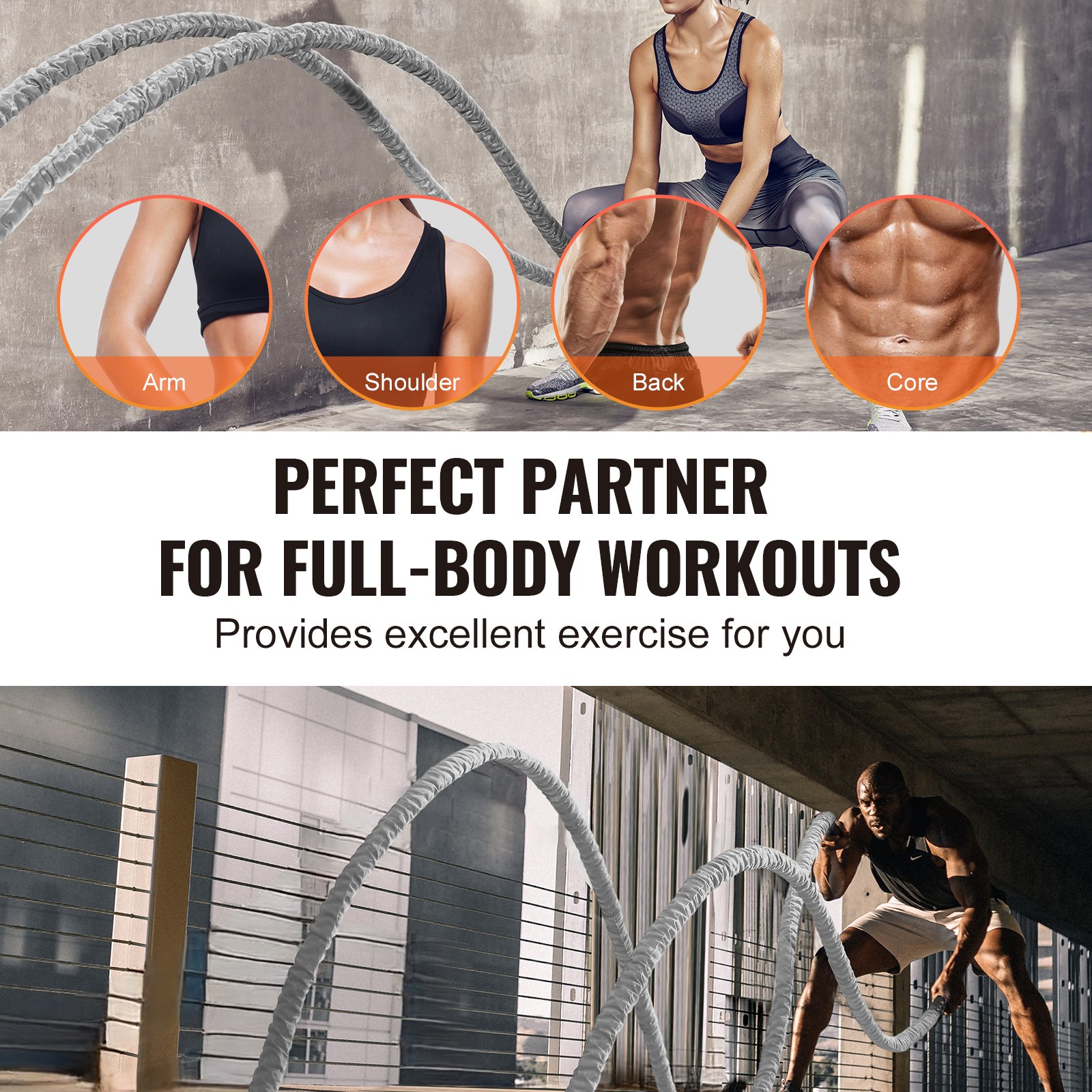 VEVOR Battle Rope, 1,5 Zoll Durchmesser, 30 Fuß Länge, Polyester-Trainingsseil, Battle-Trainingsgerät mit Schutzhülle und Anker, schweres Seil für das Home-Fitnessstudio-Workout, Rumpfkrafttraining, grau