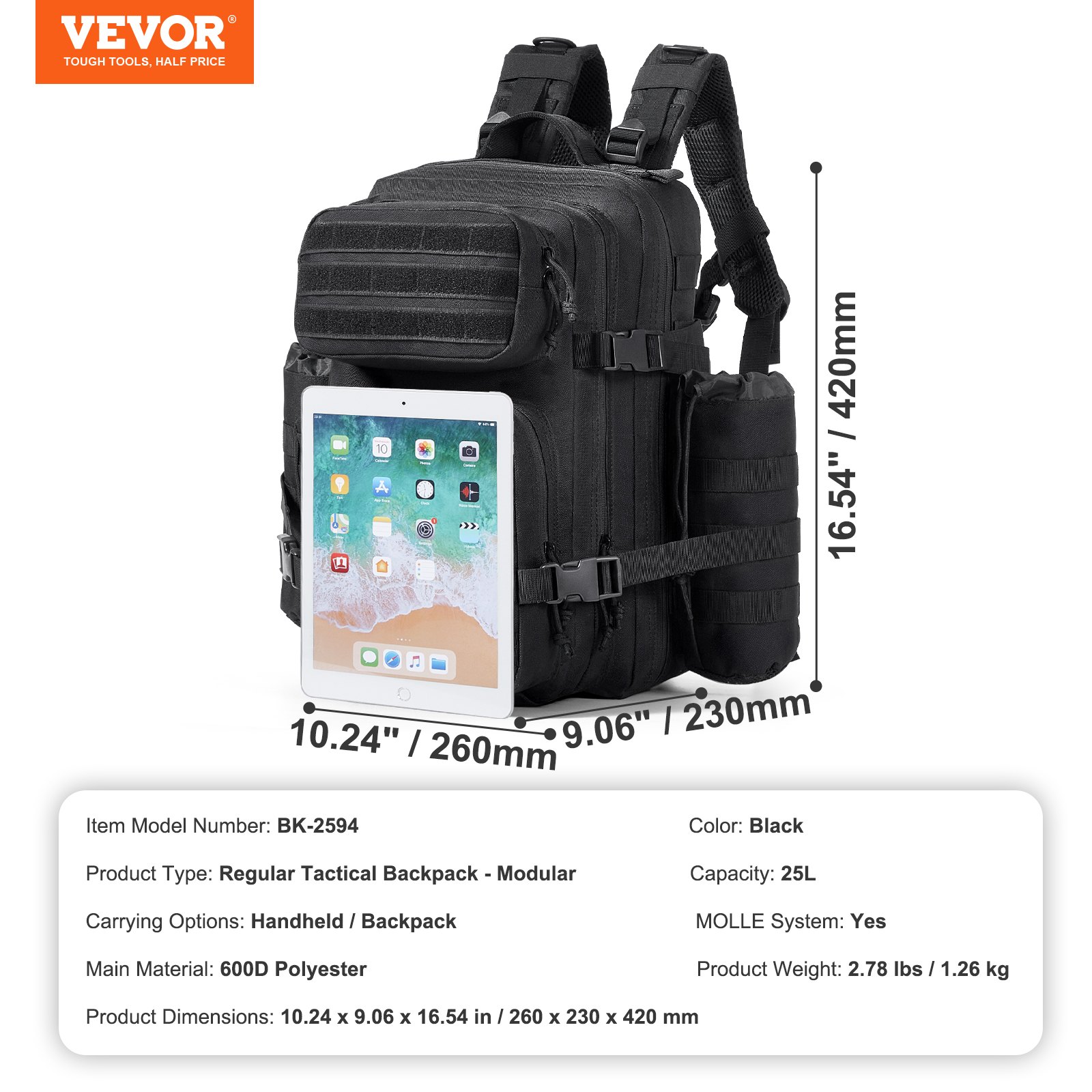 VEVOR taktische Reisetasche Schultertasche 25 L mit Molle-Design & 3 Taschen, 600D militärische Reisetasche Ausrüstungstasche Rucksack für Sport Reisen Outdoor-Abenteuer Camping Kleidung Fitness