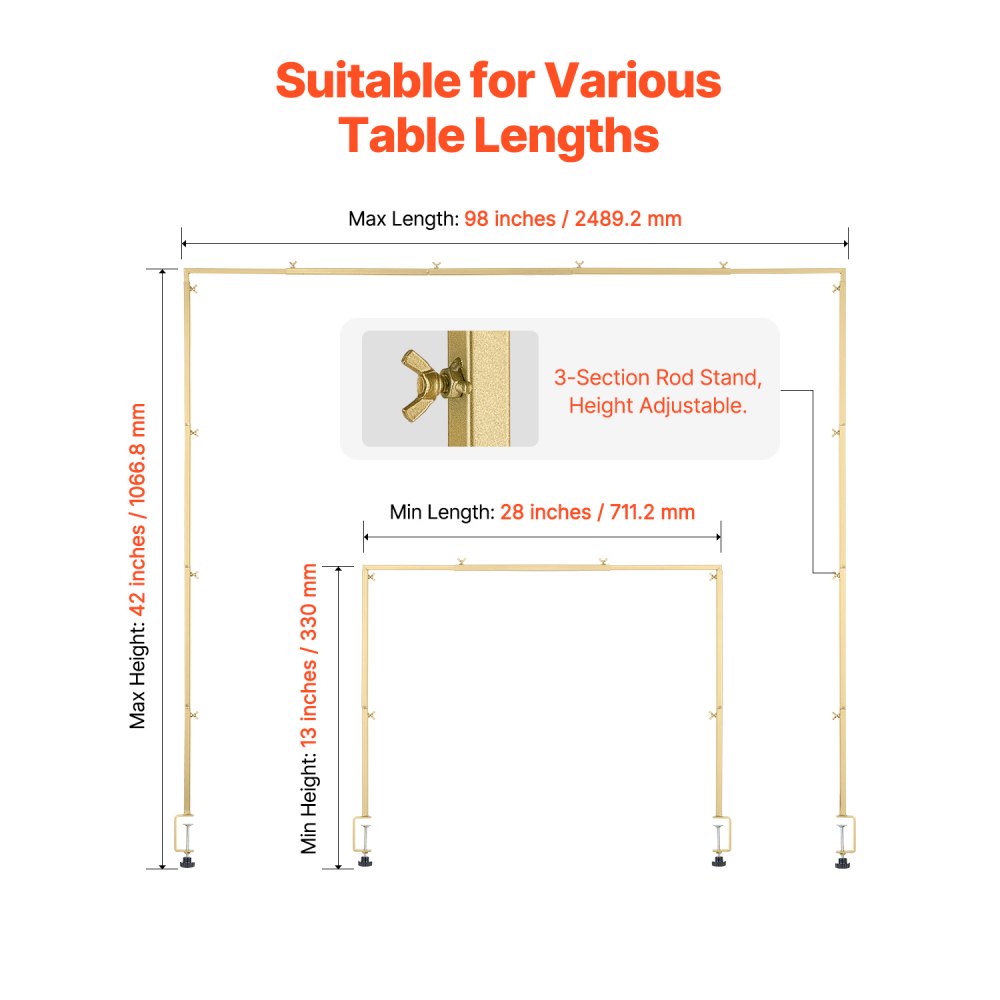 VEVOR Tisch Deko Tischstange 2er-Pack, 330–1066,8 mm hoch & 711,2–2489,2 mm längenverstellbar, Tischbogen mit Klemmen, Tischgestell für Hochzeits-, Geburtstags- & Weihnachtsdekorationen, Golden