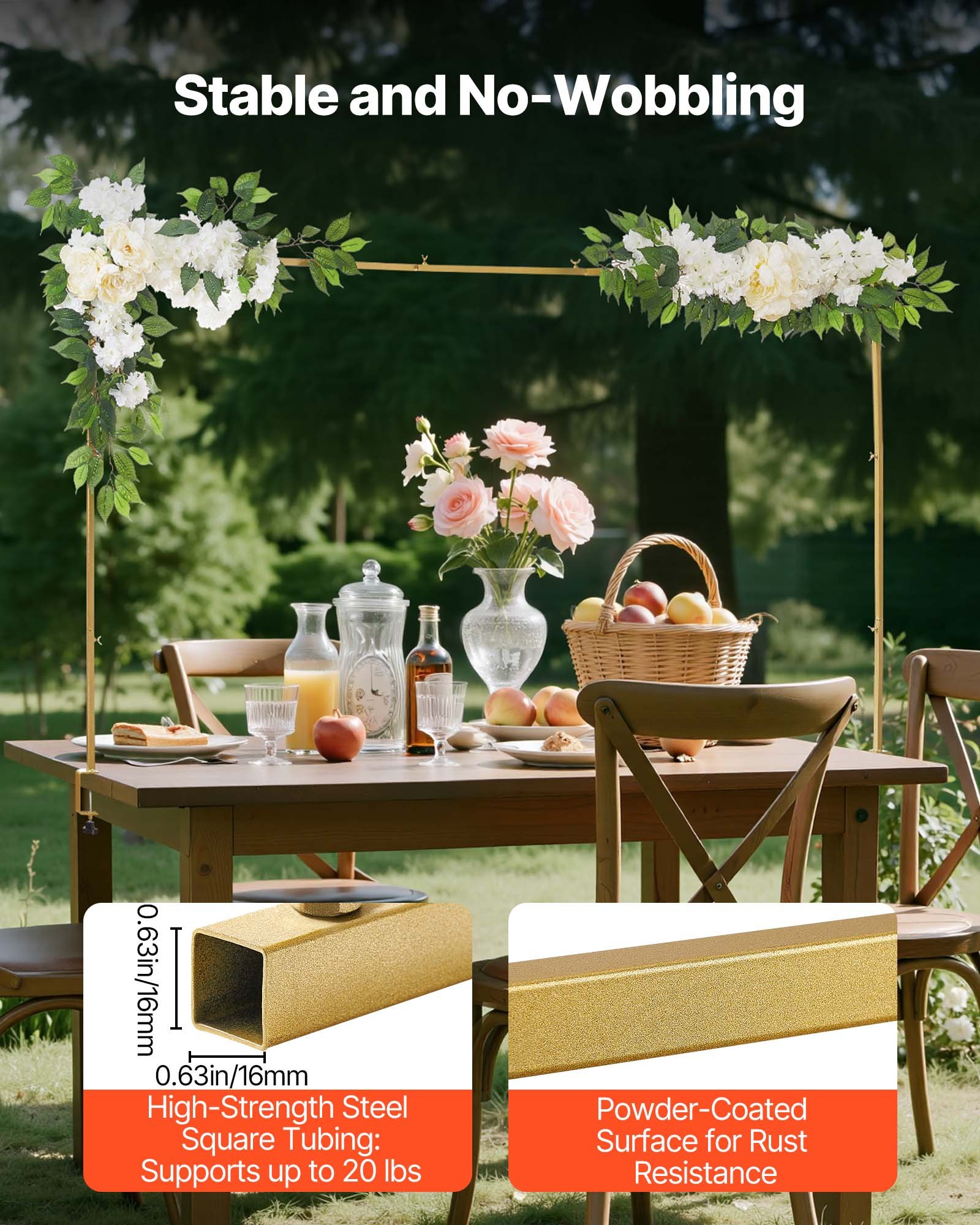 VEVOR Tischbogen, verstellbar von 711,2–2489,2mm Länge & 330,2–1066,8mm Höhe, Tischdekostange mit Blumen-Accessoires, goldener Ballonrahmen für Hochzeits-, Geburtstags- & Weihnachtsdekoration