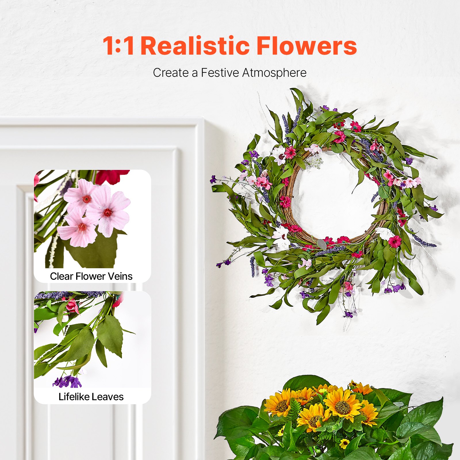 VEVOR Künstlicher Dekokranz, 55,88 cm, Rosa/Grün, verziert mit Gänseblümchen, Schleierkraut, Knospen, Türkranz für alle Jahreszeiten, als Dekoration für Zuhause, Wände, Fenster, Festivals & Hochzeiten