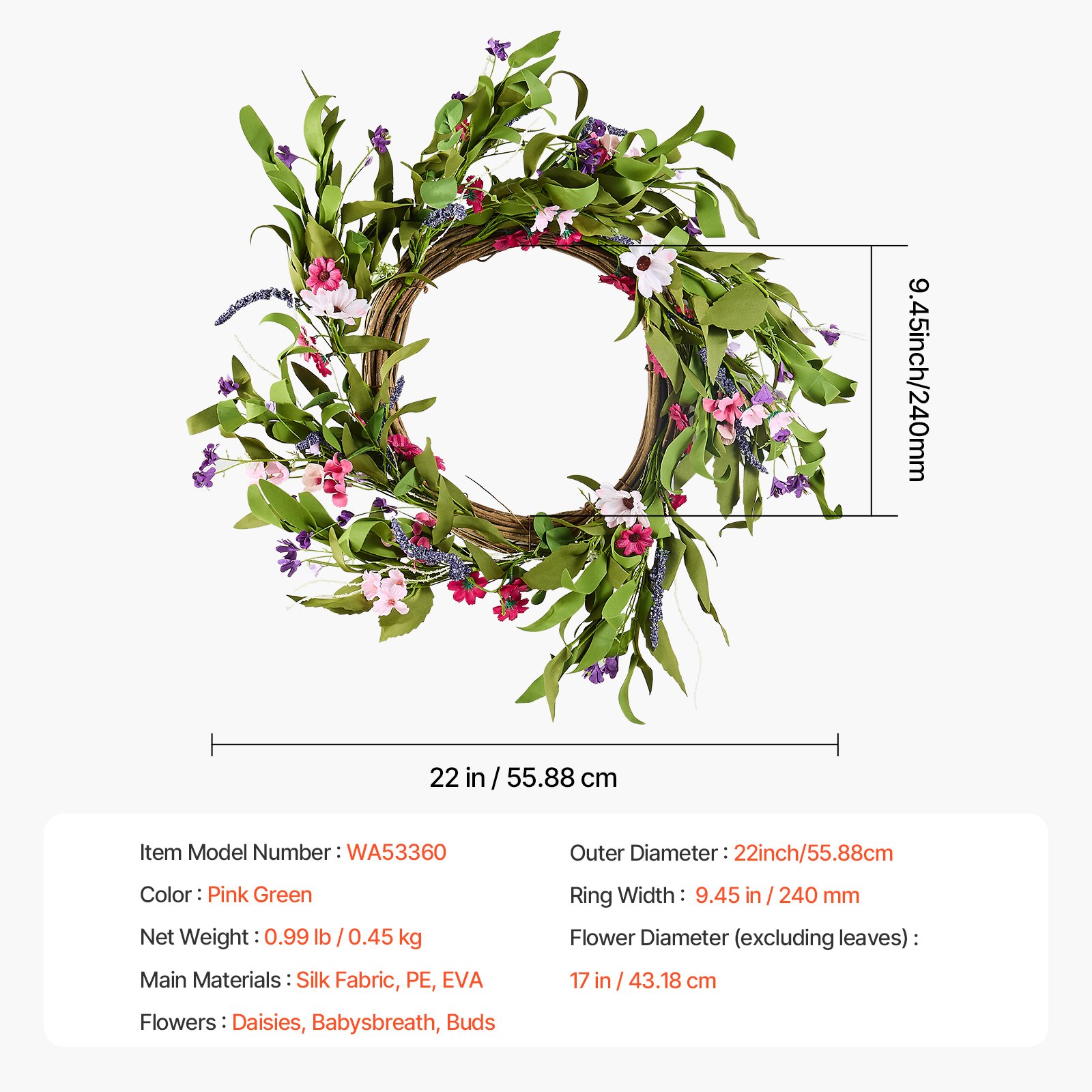 VEVOR Künstlicher Dekokranz, 55,88 cm, Rosa/Grün, verziert mit Gänseblümchen, Schleierkraut, Knospen, Türkranz für alle Jahreszeiten, als Dekoration für Zuhause, Wände, Fenster, Festivals & Hochzeiten