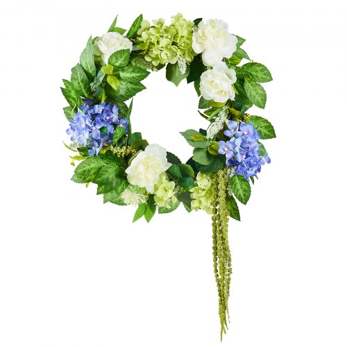 VEVOR Künstlicher Dekokranz, 58,42cm, Blau-Weiß-Grün, dekoriert mit Hortensien, Rosen, Beeren, Ranken, Türkranz ganzjährig, für drinnen & draußen, als