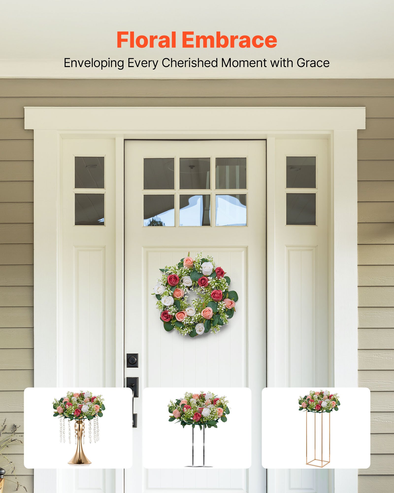 VEVOR Künstlicher Blumenkranz, 340x340x90 mm, Kunstblumenkranz mit rosa & weißen Rosen, Blumenarrangement-Mittelstück für Valentinstag, Muttertag, Party, Hochzeit & Tischdekoration, 10 Stk.