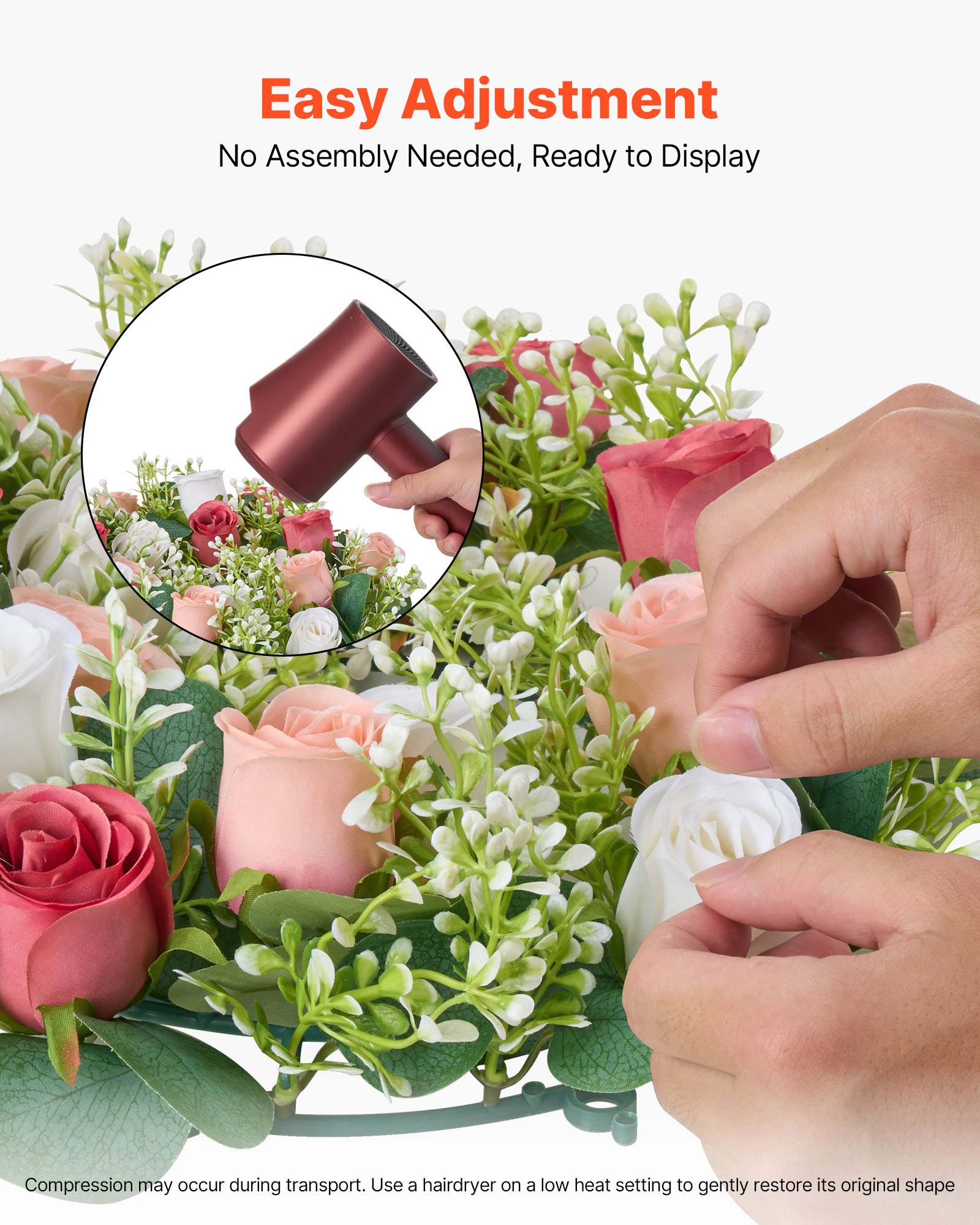 VEVOR Künstlicher Blumenkranz, 340x340x90 mm, Kunstblumenkranz mit rosa & weißen Rosen, Blumenarrangement-Mittelstück für Valentinstag, Muttertag, Party, Hochzeit & Tischdekoration, 10 Stk.