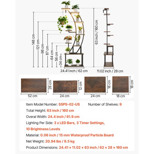 VEVOR Pflanzenstnder mit Wachstumslicht, Blumentreppe mit 9 Ebenen,  Blumenstnder aus Metall, 3 Timer- & 10 Helligkeitsstufen, Blumenregal fr  die Dekoration von Wohnzimmer & Balkon, 62x28x160 cm | VEVOR DE