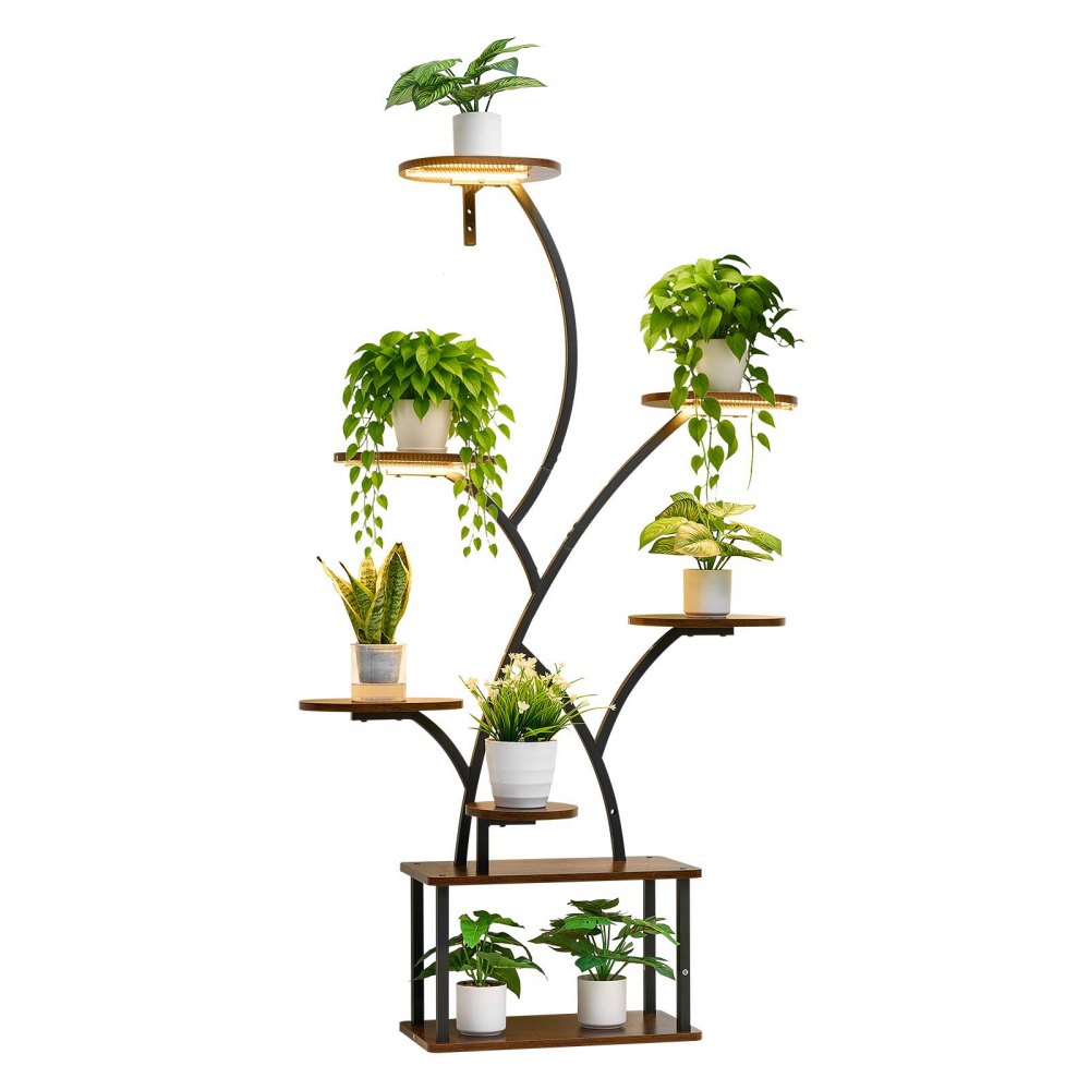VEVOR Plant Stand Indoor with Grow Lights, 157.5cm Tall 8-Tier Lighted Plant Shelf, Metal Corner Plants Holder, 3 Timer & 10 Brightness, Tree-Shaped Flower Display Rack for Living Room Balcony Decor
