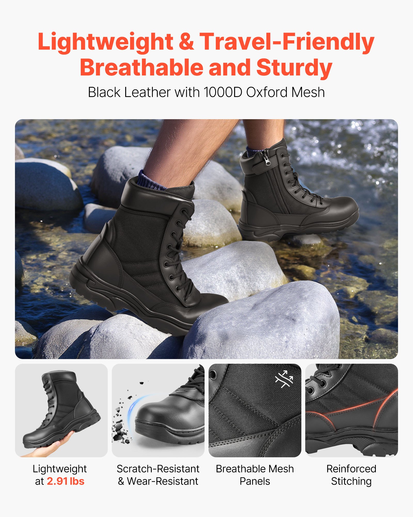 VEVOR Arbeitsstiefel Herren, 203 mm Kampfstiefel, Wanderstiefel, Einsatzstiefel, atmungsaktive Motorradstiefel mit seitlichem Reißverschluss, für Sicherheit im Freien, Bergsteigen, US-Größe 10,5