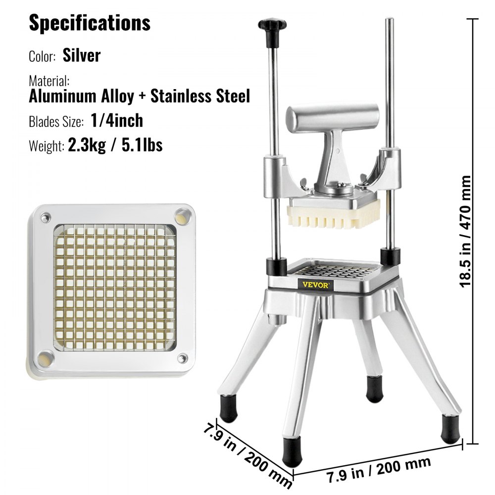 VEVOR Kartoffelschneider Pommes Frites Schneider 1/4 Zoll, Frittenschneider Gemüseschneider Kommerzieller Zerkleinerer Obstschneidemaschine mit 2 Ersatzklingen, Edelstahl Zerhacker Salat, Früchte