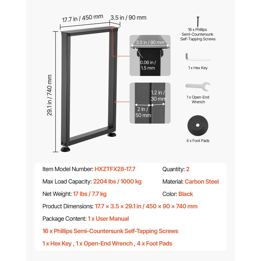 VEVOR Tischkufen aus Vierkantprofilen 2er-Set 450x740 mm, Tischuntergestell max. 1000 kg, Tischbeine, Möbelfüße, Tischgestell, Tischfüße für Schreibtische, Couchtisch, Esstische, Schwarz