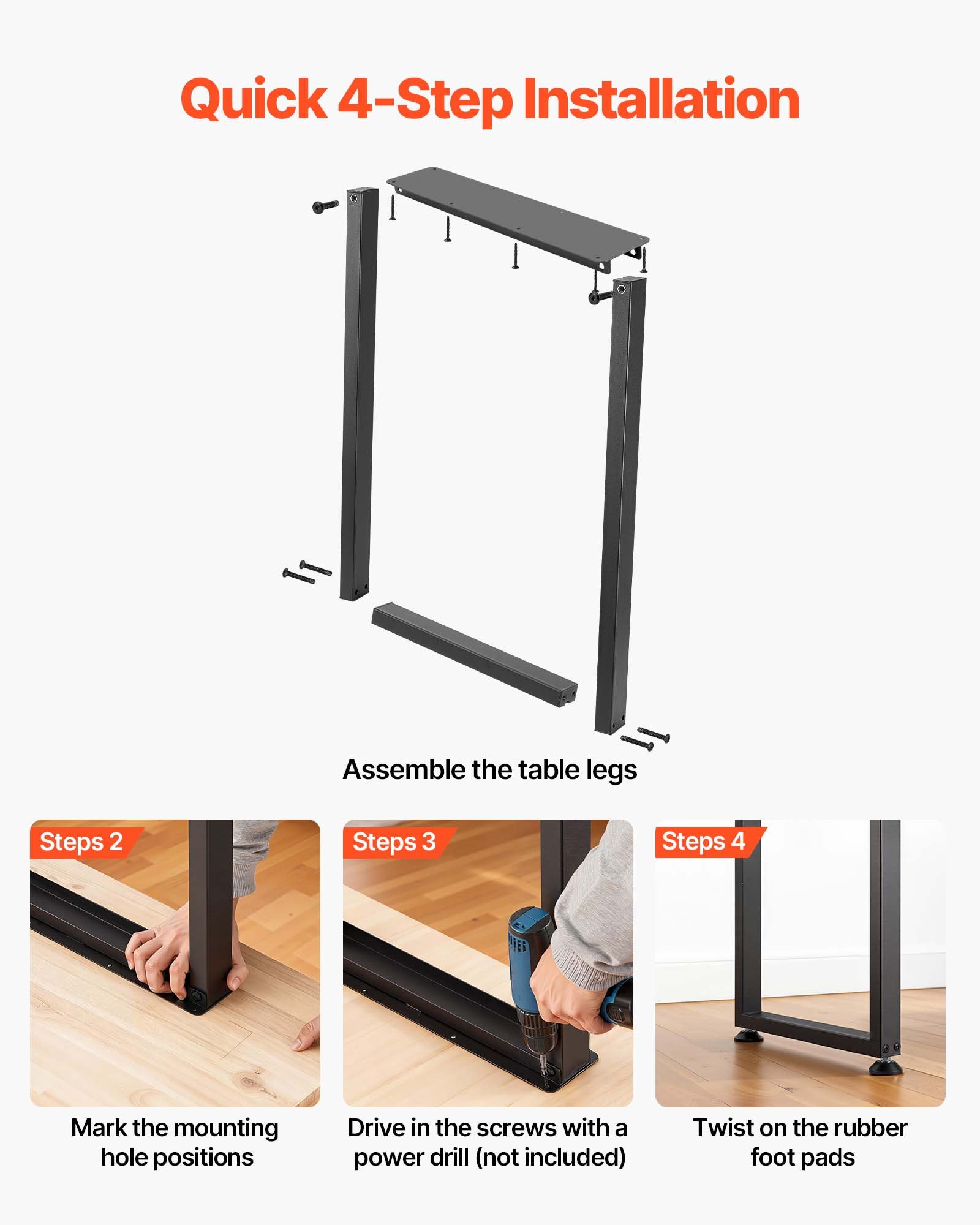 VEVOR Tischkufen aus Vierkantprofilen 2er-Set 450x740 mm, Tischuntergestell max. 1000 kg, Tischbeine, Möbelfüße, Tischgestell, Tischfüße für Schreibtische, Couchtisch, Esstische, Schwarz