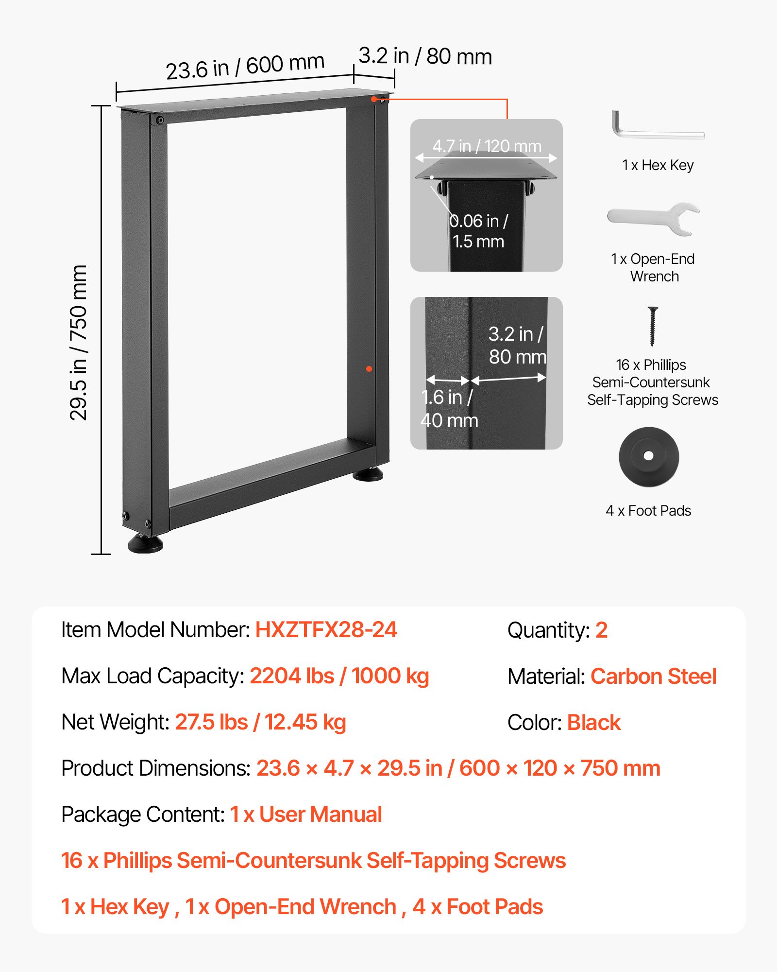 VEVOR Tischkufen aus Vierkantprofilen 2er-Set 600x750 mm, Tischuntergestell max. 1000 kg, Tischbeine, Möbelfüße, Tischgestell, Tischfüße für Schreibtische, Couchtisch, Esstische, Schwarz