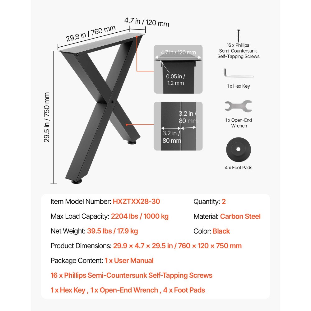 VEVOR Tischkufen 2er-Set 760x750 mm, X-Förmige Tischuntergestell 1000 kg, Tischbeine Kohlenstoffstahl, Möbelfüße, Tischgestell, Tischfüße für Schreibtische, Couchtische, Esstische, Schwarz