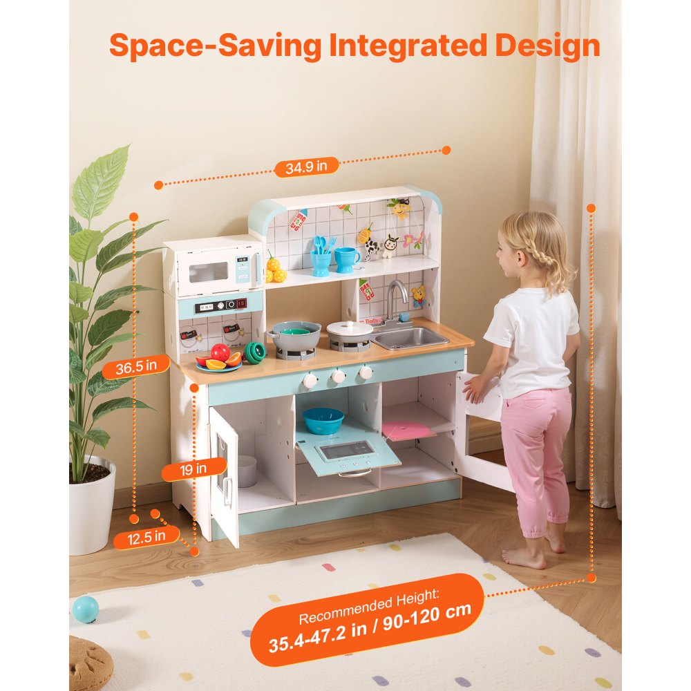 VEVOR Children's Play Kitchen, Wooden Toy Kitchen Set with Lights and Sounds, Toddler Kitchen with Ice Cream Maker, Oven, Sink, Microwave, Refrigerator and Utensils and Fruit Accessories for Toddlers Aged 3-8 Years, White