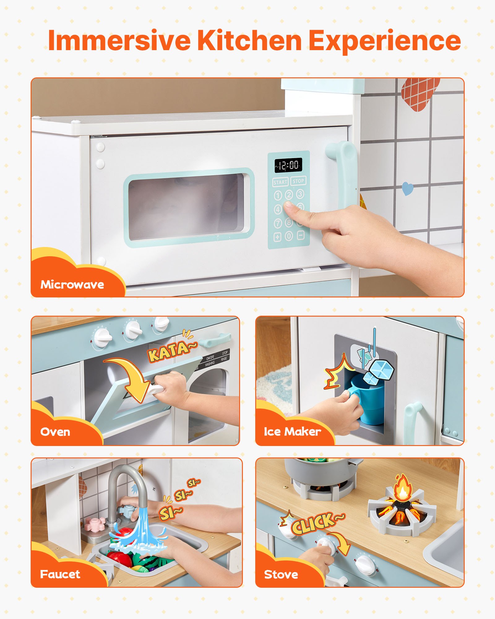 VEVOR Spielküche für Kinder, Holzspielzeug-Küchenset mit Lichtern und Geräuschen, Kleinkinderküche mit Eismaschine, Ofen, Spüle, Mikrowelle, Kühlschrank und Utensilien- und Obstzubehör für Kleinkinder im Alter von 3–8 Jahren, weiß