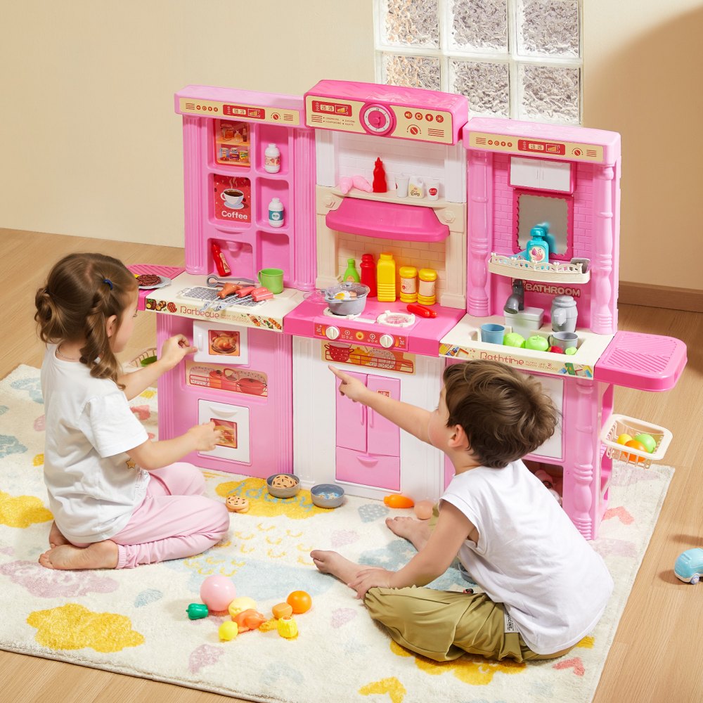 VEVOR Kinderküchen-Spielset, 3-in-1-Kleinkinderküche mit simuliertem Sprühnebel, Geräuschen & Lichtern, Spielküchenset mit 74-teiligem Kochzubehörset für Kinder im Alter von 3–8 Jahren, pink