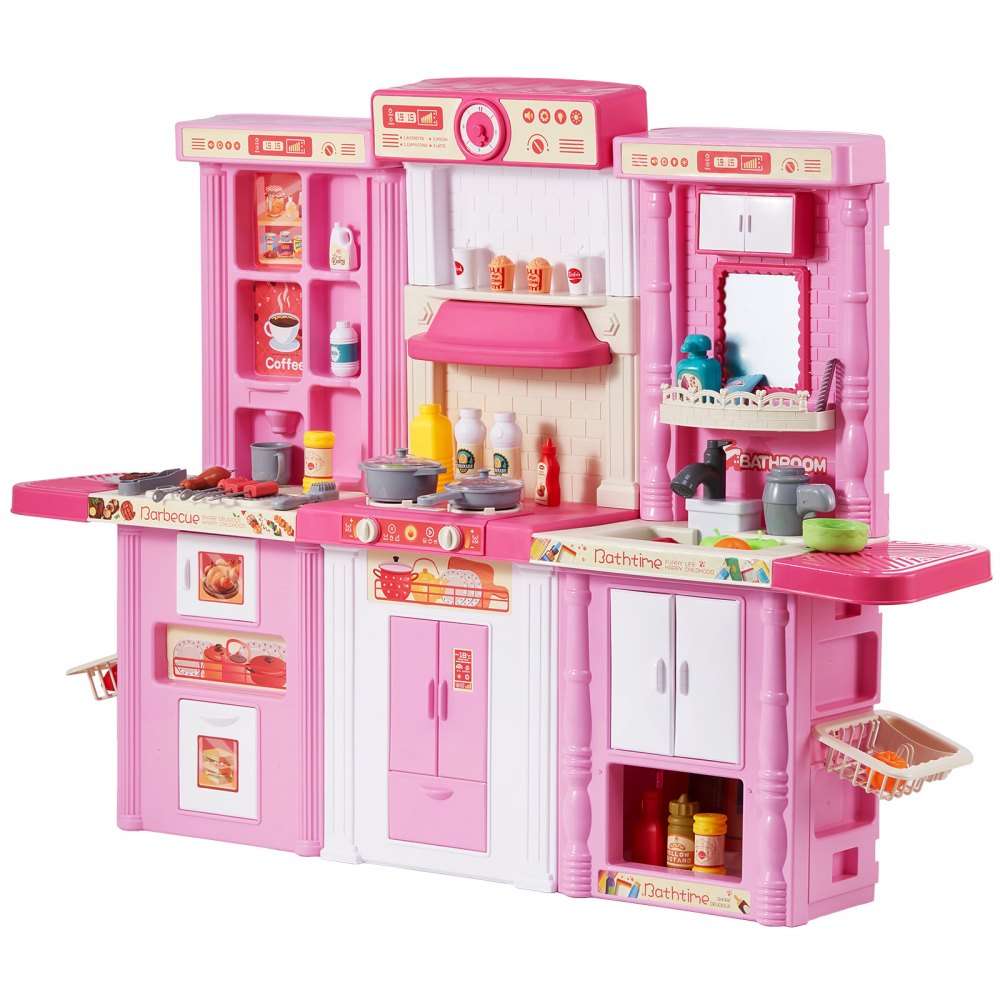 VEVOR Kinderküchen-Spielset, 3-in-1-Kleinkinderküche mit simuliertem Sprühnebel, Geräuschen & Lichtern, Spielküchenset mit 74-teiligem Kochzubehörset für Kinder im Alter von 3–8 Jahren, pink