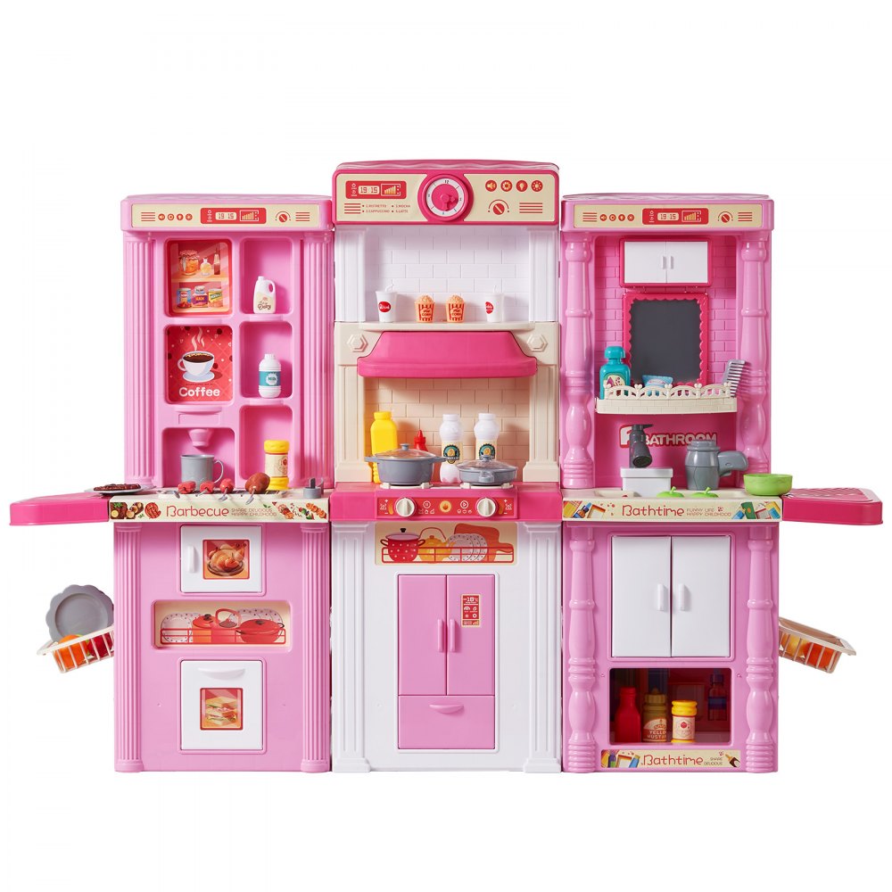 VEVOR Kinderküchen-Spielset, 3-in-1-Kleinkinderküche mit simuliertem Sprühnebel, Geräuschen & Lichtern, Spielküchenset mit 74-teiligem Kochzubehörset für Kinder im Alter von 3–8 Jahren, pink