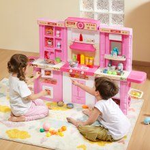 VEVOR Kinderküche Kinder Spielküche Spielzeugküche 74-teiliges Zubehör Rosa