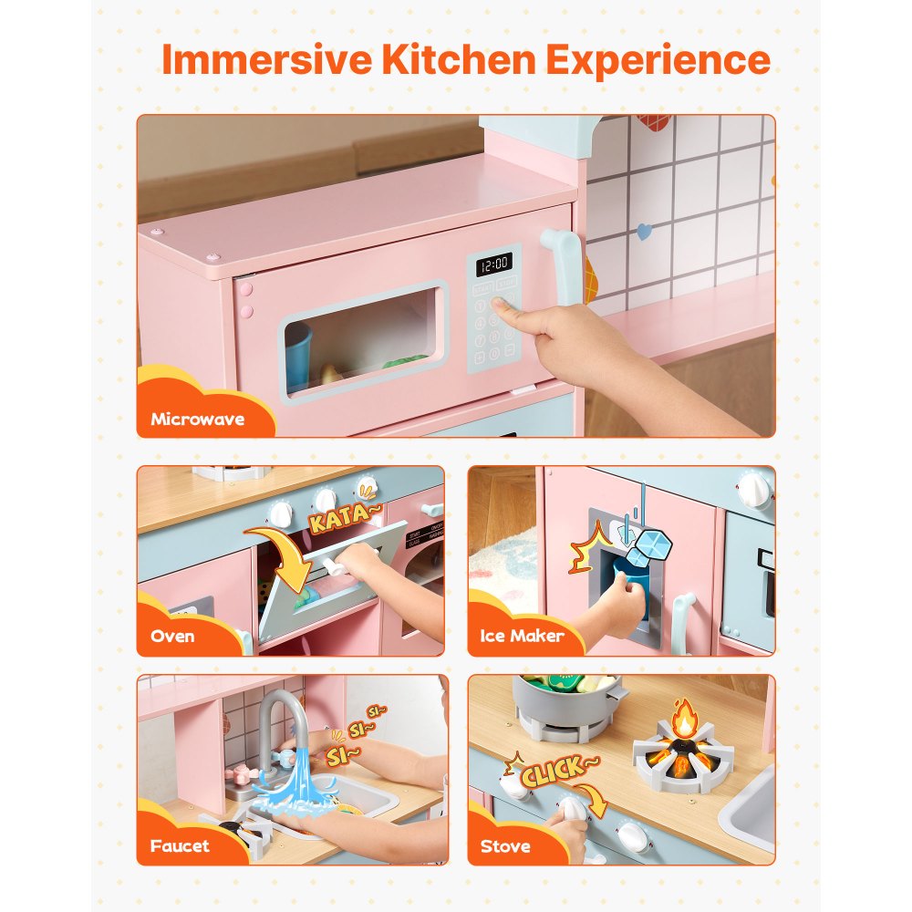 VEVOR Children's Play Kitchen, Wooden Toy Kitchen Set with Lights and Sounds, Toddler Kitchen with Ice Cream Maker, Oven, Sink, Microwave, Refrigerator and Utensils and Fruit Accessories for Toddlers Aged 3-8 Years, Pink