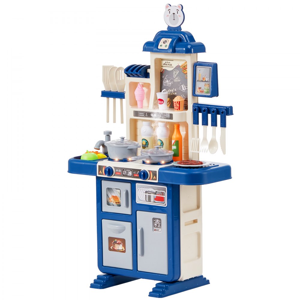 VEVOR Kinderküchen-Spielset, Kleinkinderküche mit Kochherd mit Dampf, Geräuschen und Lichtern, Spielküchenset mit 48-teiligem Kochzubehörset für Kleinkinder, Vorschulkinder, Kinder im Alter von 3–5 Jahren, Blau