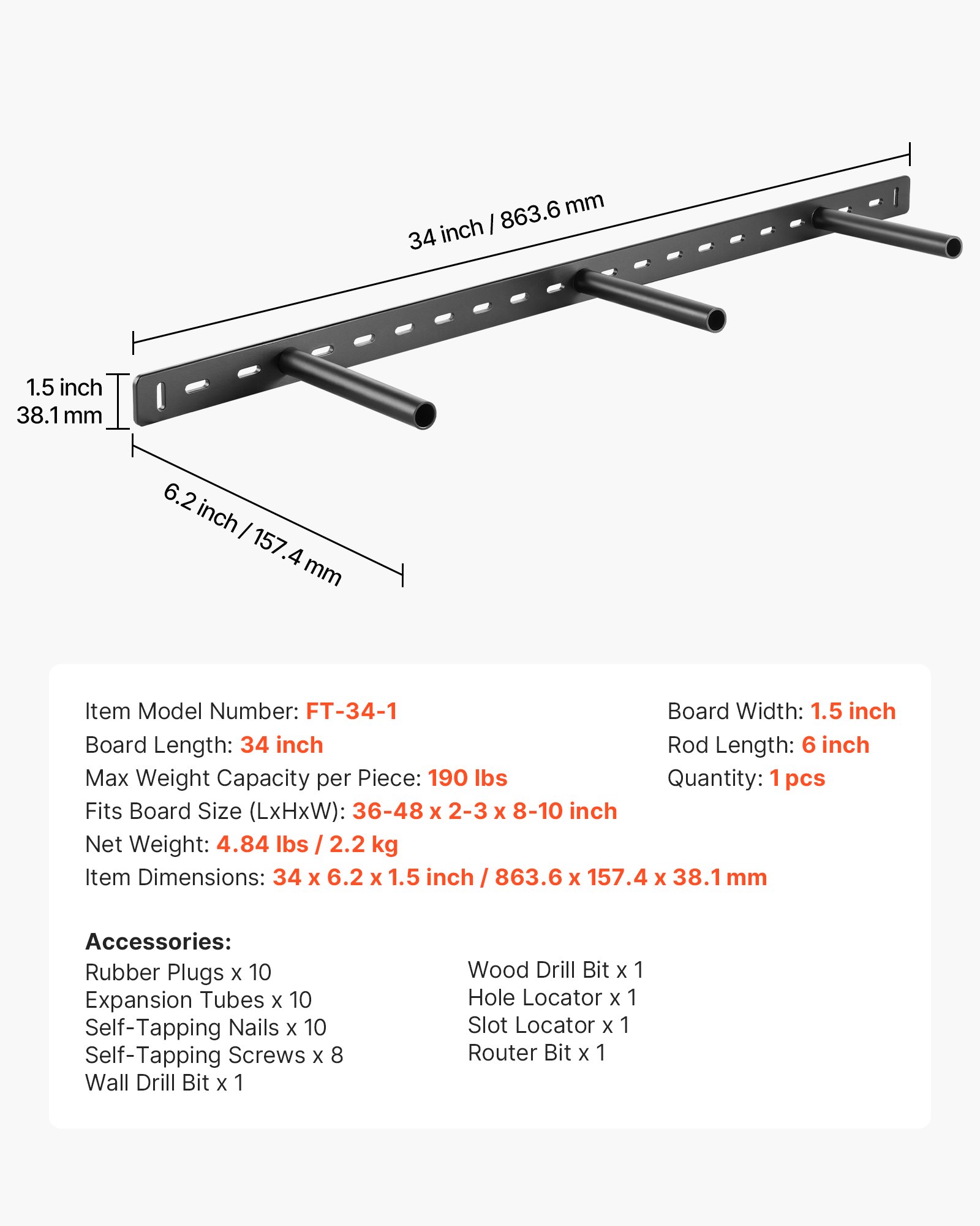 VEVOR Regalhalterung, 1 Stk., Schwerlast Regalhalter 86 kg Tragkraft, Regalträger 863,6x157,4x38,1 mm, für versteckte Regale, unsichtbare Halterung für schwebende Regale zur Wandmontage