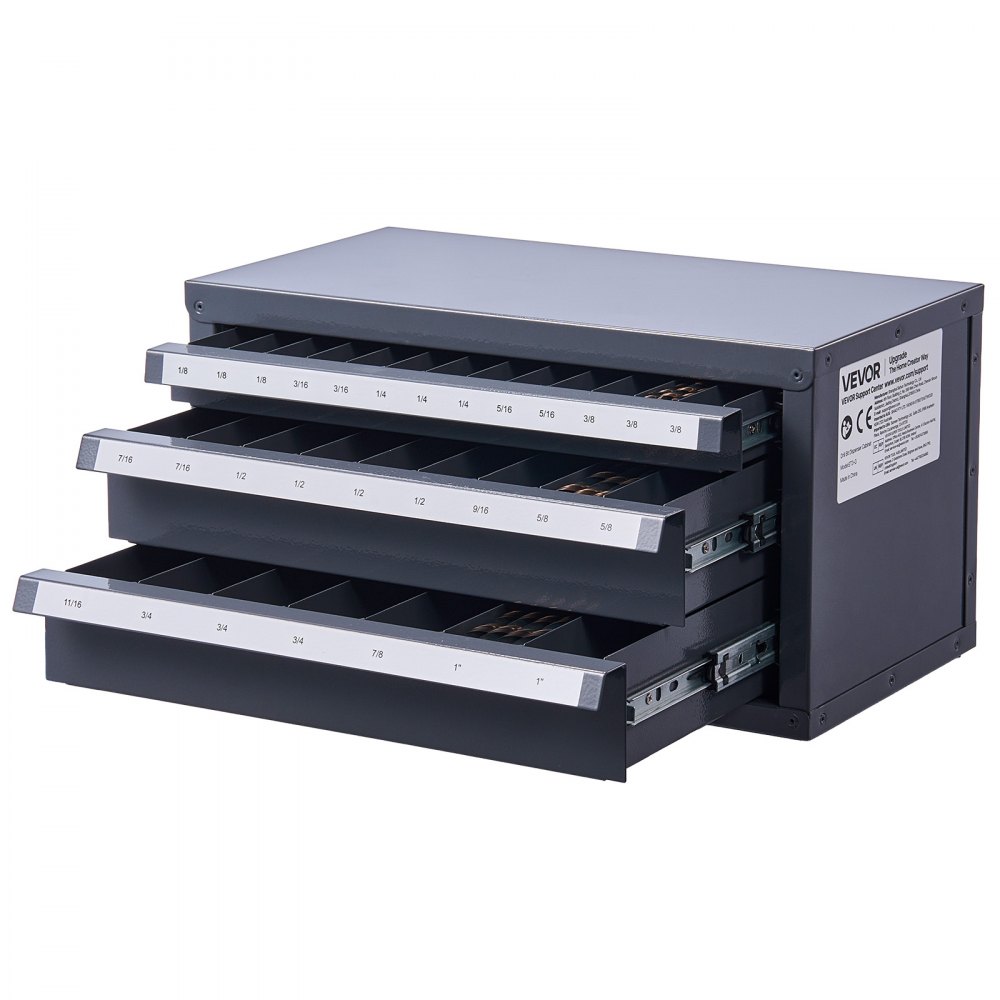 VEVOR Schaftfräser-Spenderschrank, Schaftfräser-Organizer-Schrank mit drei Schubladen für 1/8" bis 1", Stahl-Schaftfräser-Spender-Organizer-Schrank mit Etiketten, Stapelbar mit 29 Fächern