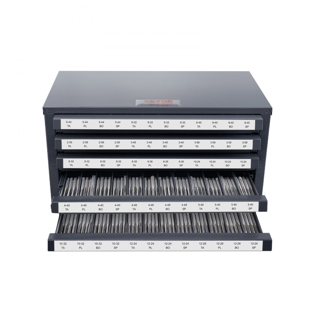 VEVOR Schneidbohrer-Spenderschrank, Gewindebohrer-Organizer mit 5 Schubladen für #2-56-#12-28 Bohrerspender-Organizerschrank aus Stahl mit Etiketten, Stapelbarer Schrank mit 60 Fächern Grau