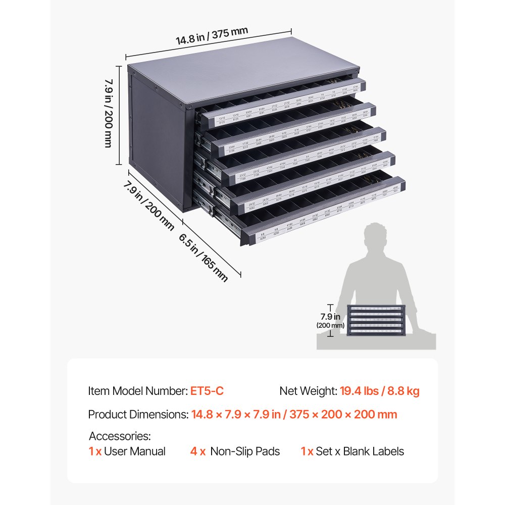 VEVOR Bohrer-Spender-Schrank, Bohrer-Organizer-Schrank mit fünf Schubladen für 13,1 mm bis 25 mm Stahl-Bohrer-Spender-Organizer-Schrank mit Etiketten, Stapelbarer Bohrer-Spender Aufbewahrung