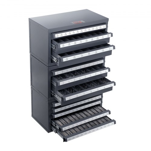 VEVOR Bohrer-Spenderschrank, 3-teilig, drei Schubladen für 1/16" bis 1/2" und Buchstabengrößen A bis Z, Bohrer-Organizer mit fünf Schubladen für Drahtstärken Nr. 1 bis Nr. 60, Stapelbarer Schrank