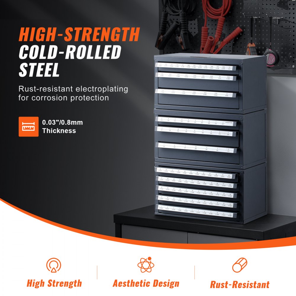 VEVOR Drill Bit Dispenser Cabinet, 3-piece, three drawers for 1/16" to 1/2" and letter sizes A to Z, Drill Bit Organizer with five drawers for wire sizes No. 1 to No. 60, Stackable Cabinet