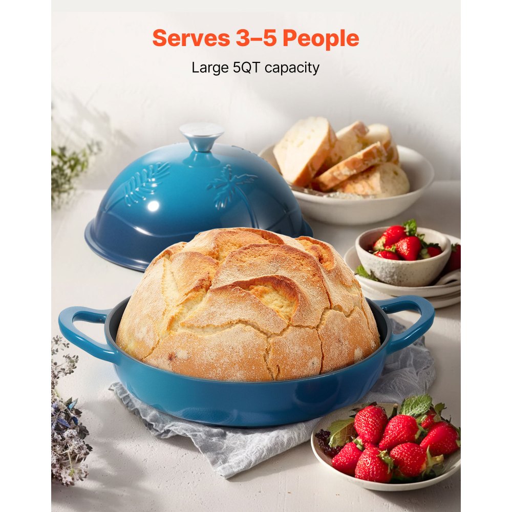 VEVOR Enameled Cast Iron Dutch Oven, 4.7L Pot for Sourdough Bread Baking, Heavy-Duty Cookware Pan with Lid and Dual Handles, Oven Induction Compatible up to 260 ℃, for Cooking Roasting
