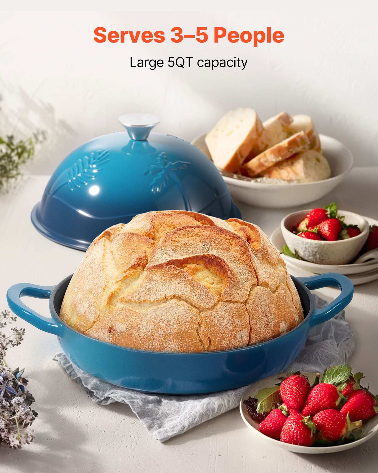 VEVOR Enameled Cast Iron Dutch Oven, 4.7L Pot for Sourdough Bread Baking, Heavy-Duty Cookware Pan with Lid and Dual Handles, Oven Induction Compatible up to 260 ℃, for Cooking Roasting