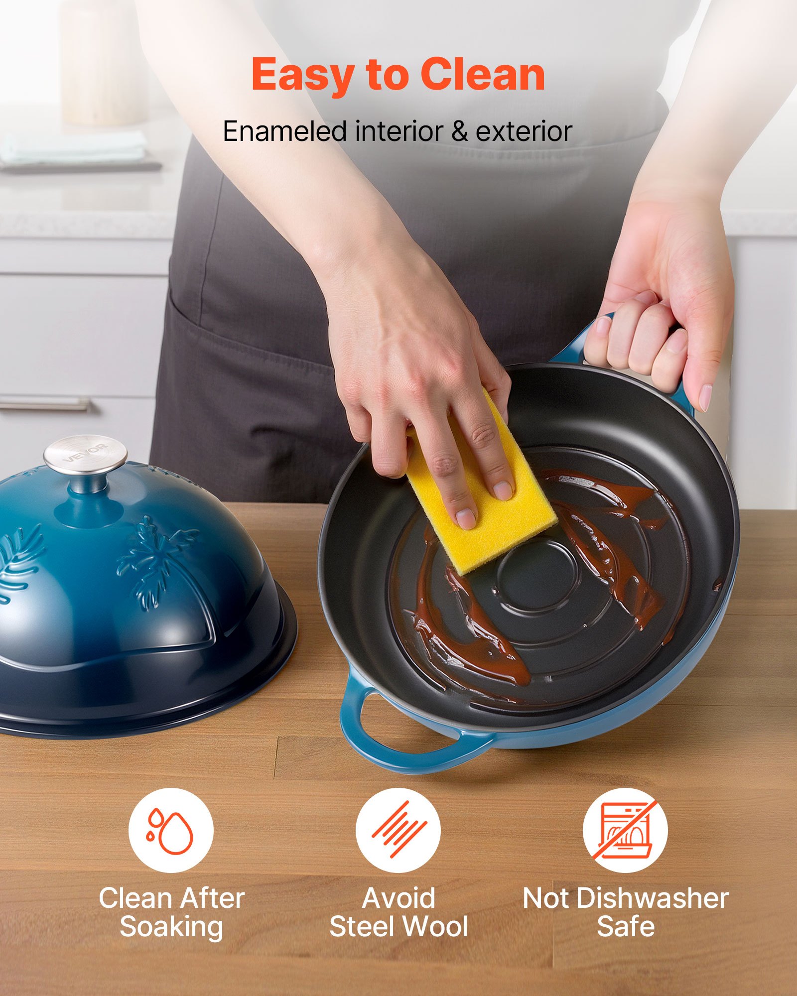 VEVOR Enameled Cast Iron Dutch Oven, 4.7L Pot for Sourdough Bread Baking, Heavy-Duty Cookware Pan with Lid and Dual Handles, Oven Induction Compatible up to 260 ℃, for Cooking Roasting