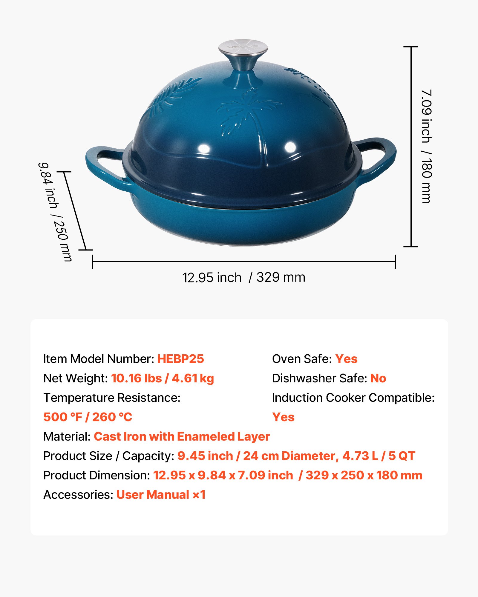 VEVOR Enameled Cast Iron Dutch Oven, 4.7L Pot for Sourdough Bread Baking, Heavy-Duty Cookware Pan with Lid and Dual Handles, Oven Induction Compatible up to 260 ℃, for Cooking Roasting