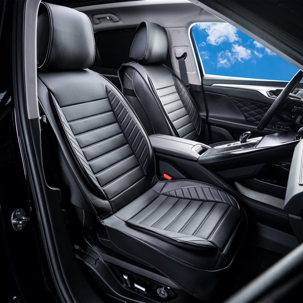 VEVOR Sitzbezüge, Universal Autositzbezüge Vordersitze, 2 Stück Kunstleder Sitzbezug, Halbgeschlossenes Design, abnehmbare Kopfstütze und Airbag kompatibel, für die meisten Autos SUVs Trucks Schwarz