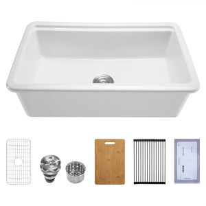 VCCUCINE Bauernhaus-Spüle 83x55 Cm – Einzelbecken, Edelstahl, 16 Gauge, Inklusive Zubehör