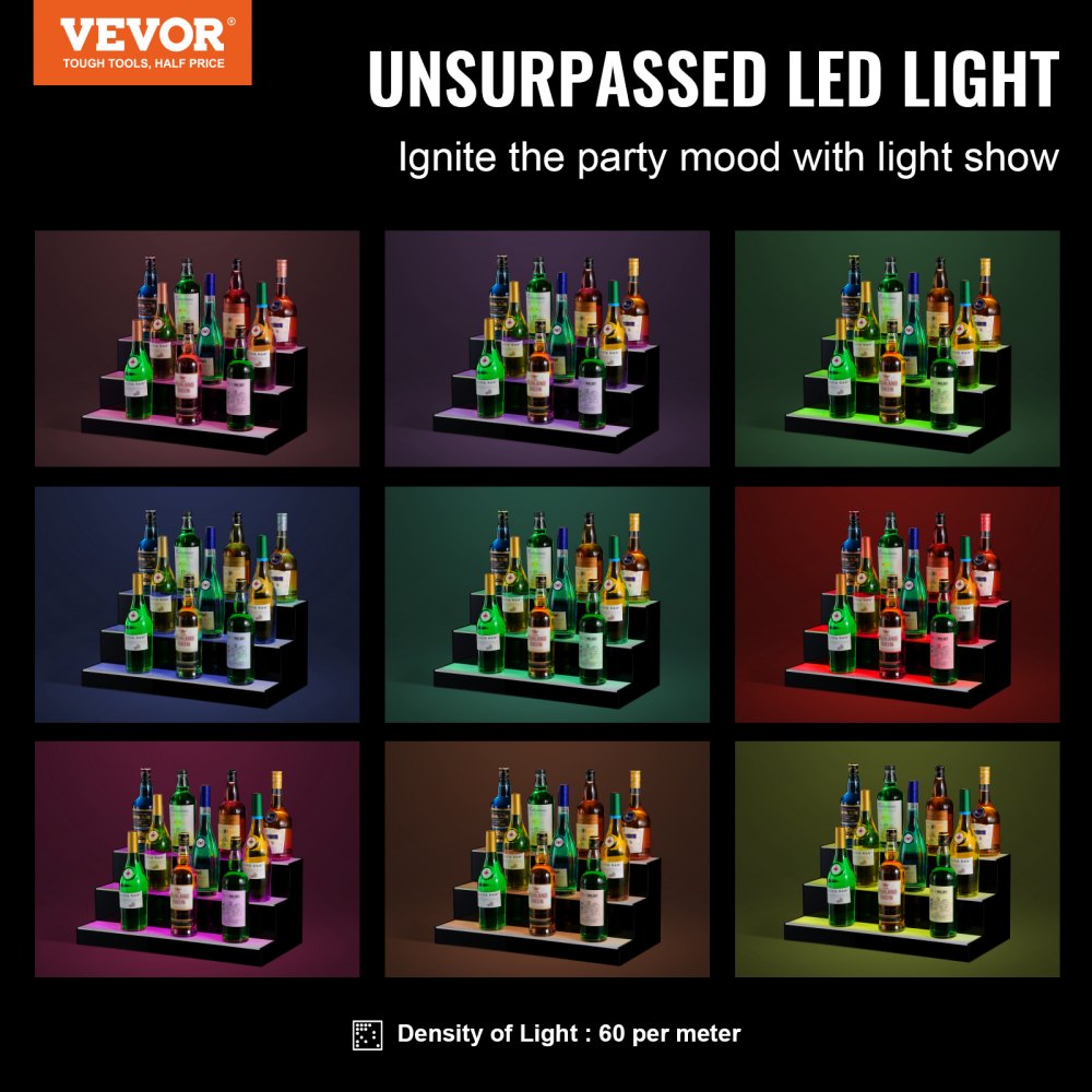 VEVOR Barregal Weinregal, LED-beleuchtetes Hausbarregal mit RF-Fernbedienung und App-Steuerung, 3 stufiges Getränkebeleuchtungsregal aus Acryl, 600 x 300 x 250 mm kommerzielle Weinflaschenständer