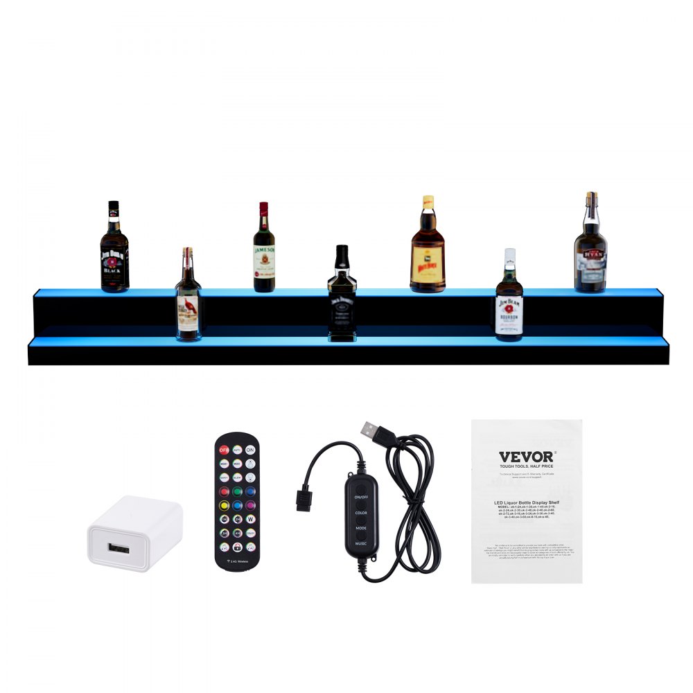 VEVOR Bar Shelf Wine Rack, LED-Illuminated Home Bar Shelf with RF Remote Control and App Control, 2-Tier Acrylic Drink Lighting Shelf, 1524 x 200 x 150 mm Freestanding Wine Bottle Stand