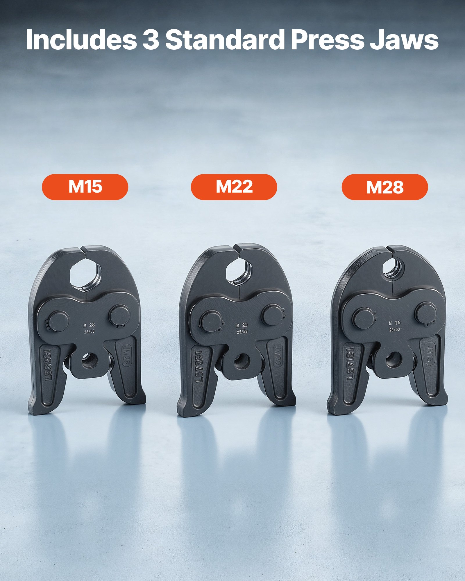 VEVOR 18V Akku Presszangen Set, 32kN Pressmaschine inkl. 3 Pressbacken M15 M22 M28 & 180° Drehbarem Kopf, Elektr. Presswerkzeug mit 4,0 Ah Baterrien für Edelstahlrohr bis 54mm, 40 HRC für Hochleistung