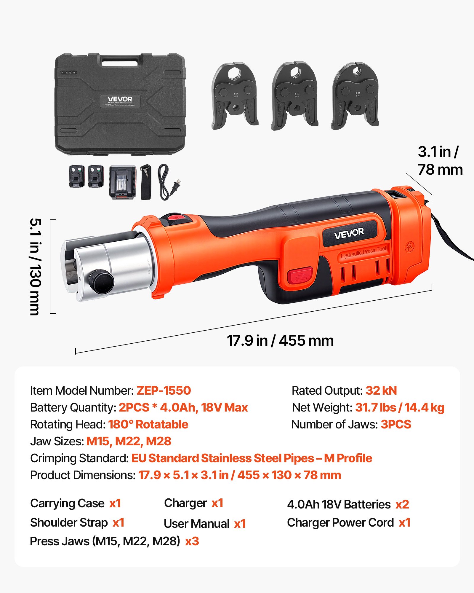 VEVOR 18V Akku Presszangen Set, 32kN Pressmaschine inkl. 3 Pressbacken M15 M22 M28 & 180° Drehbarem Kopf, Elektr. Presswerkzeug mit 4,0 Ah Baterrien für Edelstahlrohr bis 54mm, 40 HRC für Hochleistung