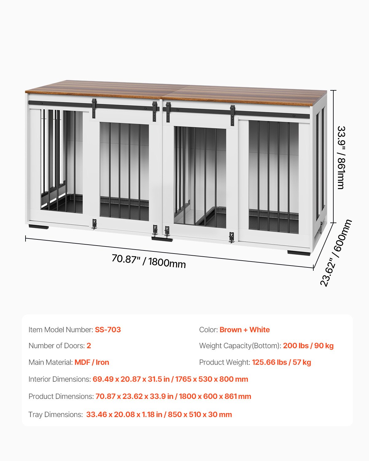 VEVOR Dog Cage Furniture for 2 Dogs, 1800x600x861mm, Double Dog Crate Furniture with Double Sliding Doors, Dog Crate TV Stand, Steel Frame, Double Dog Crate for Small, Medium & Large Dogs, White
