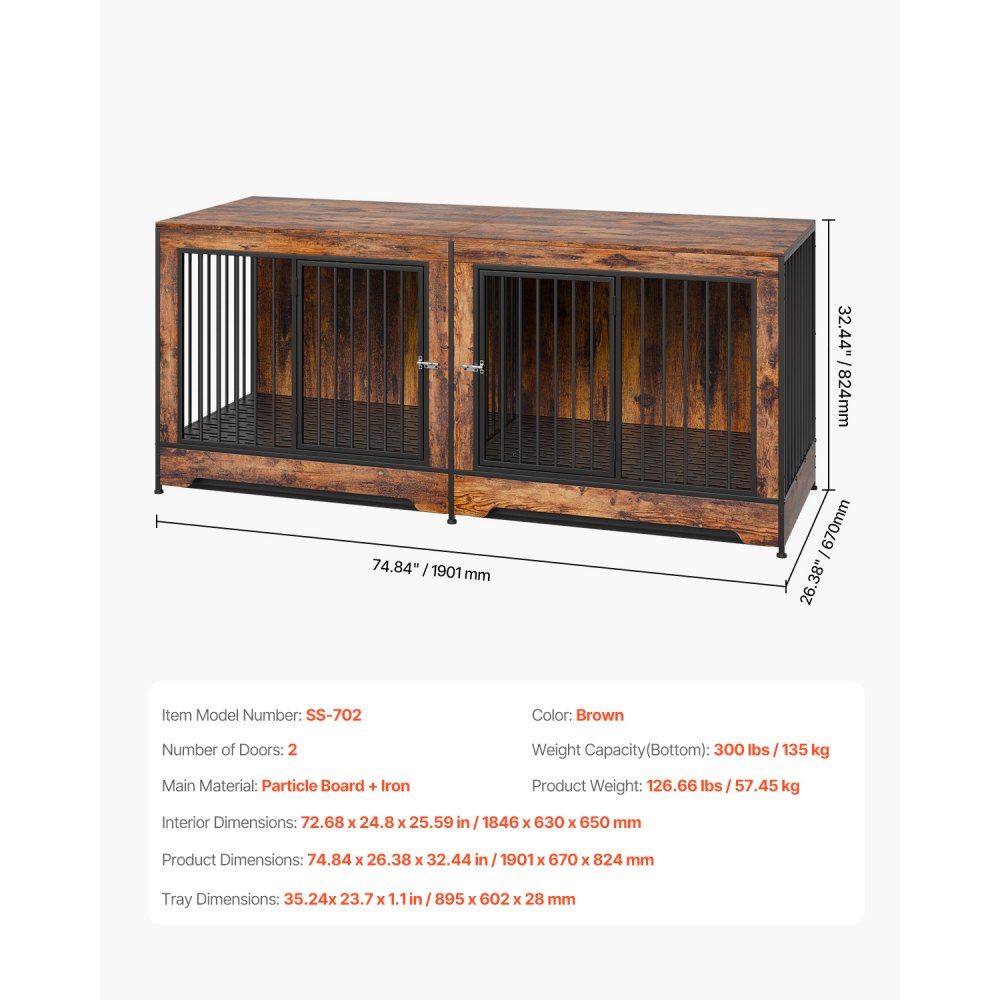 VEVOR Hundekäfig Möbel für 2 Hunde, 1901 x 670 x 824 mm Doppel-Hundebox für große Hunderassen mit Trennwand & Doppeltüren, Hundehaus aus Holz, Beistelltisch für mittelgroße und große Hunde, Braun