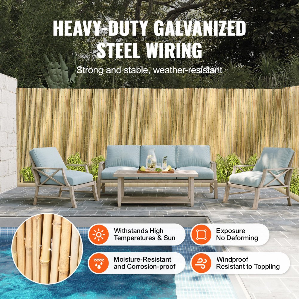 VEVOR Natürlicher gerollter Bambuszaun, umweltfreundlicher Sichtschutzzaun aus Bambus, 1,83 m H x 2,44 m L x 1,9 cm T, dekorativer Sichtschutz aus Bambus für Garten, Hinterhof, Balkon, Terrasse, Poolseite