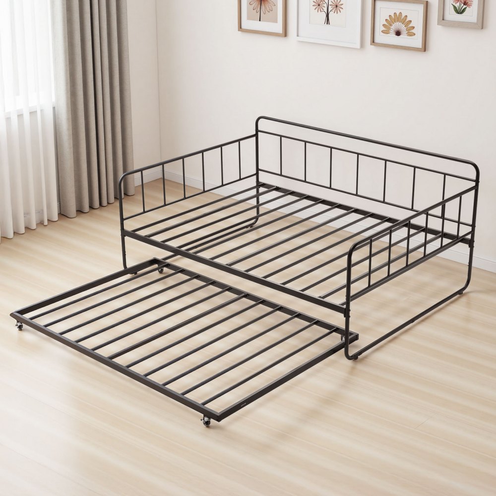 VEVOR Tagesbettrahmen in voller Größe, Tagesbett mit Ausziehbett, Plattformbettrahmen Sofabett (181,44 kg Tragkraft) mit Metalllattenunterstützung für Wohnzimmer Schlafzimmer Gästezimmer, schwarz