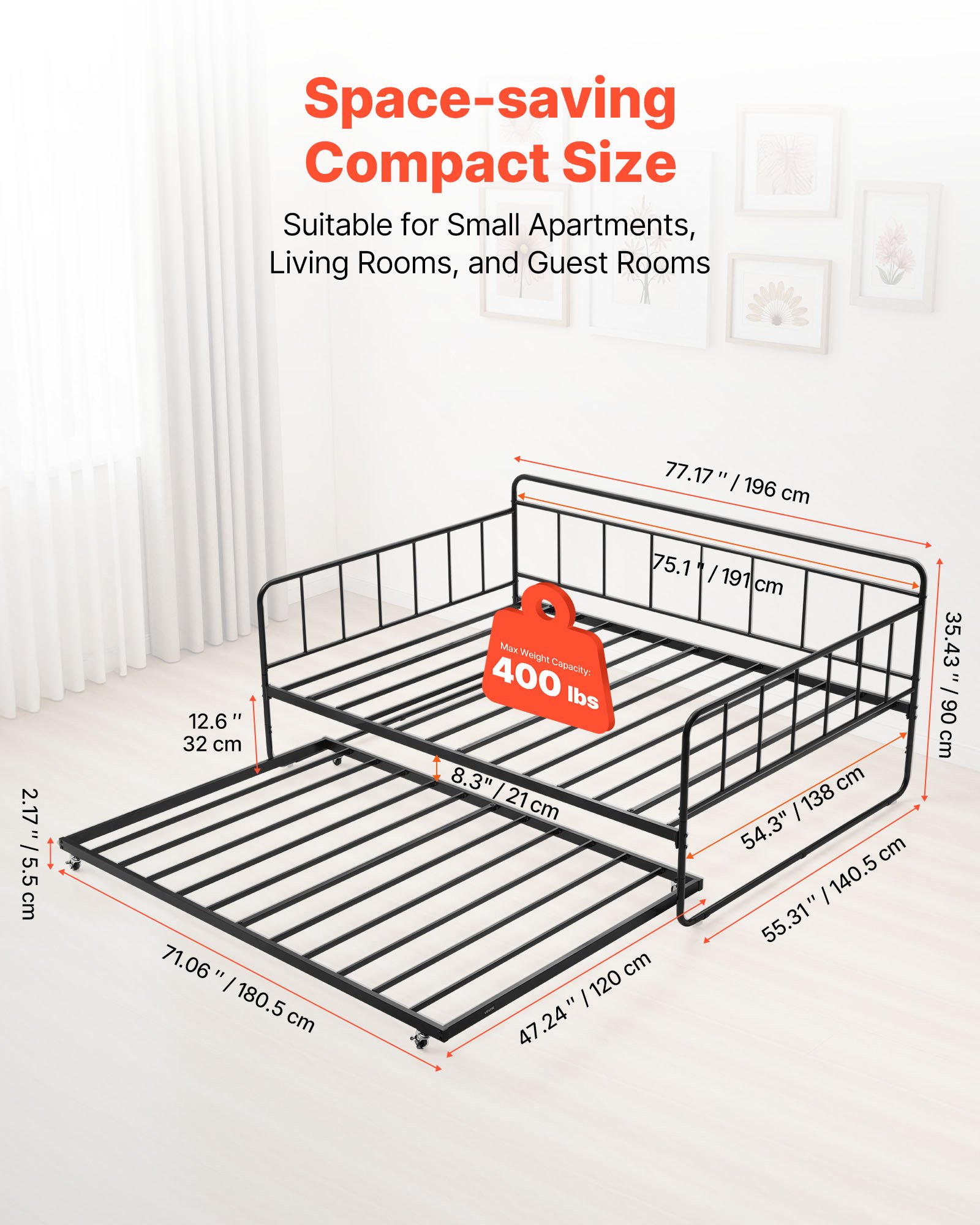 VEVOR Tagesbettrahmen in voller Größe, Tagesbett mit Ausziehbett, Plattformbettrahmen Sofabett (181,44 kg Tragkraft) mit Metalllattenunterstützung für Wohnzimmer Schlafzimmer Gästezimmer, schwarz