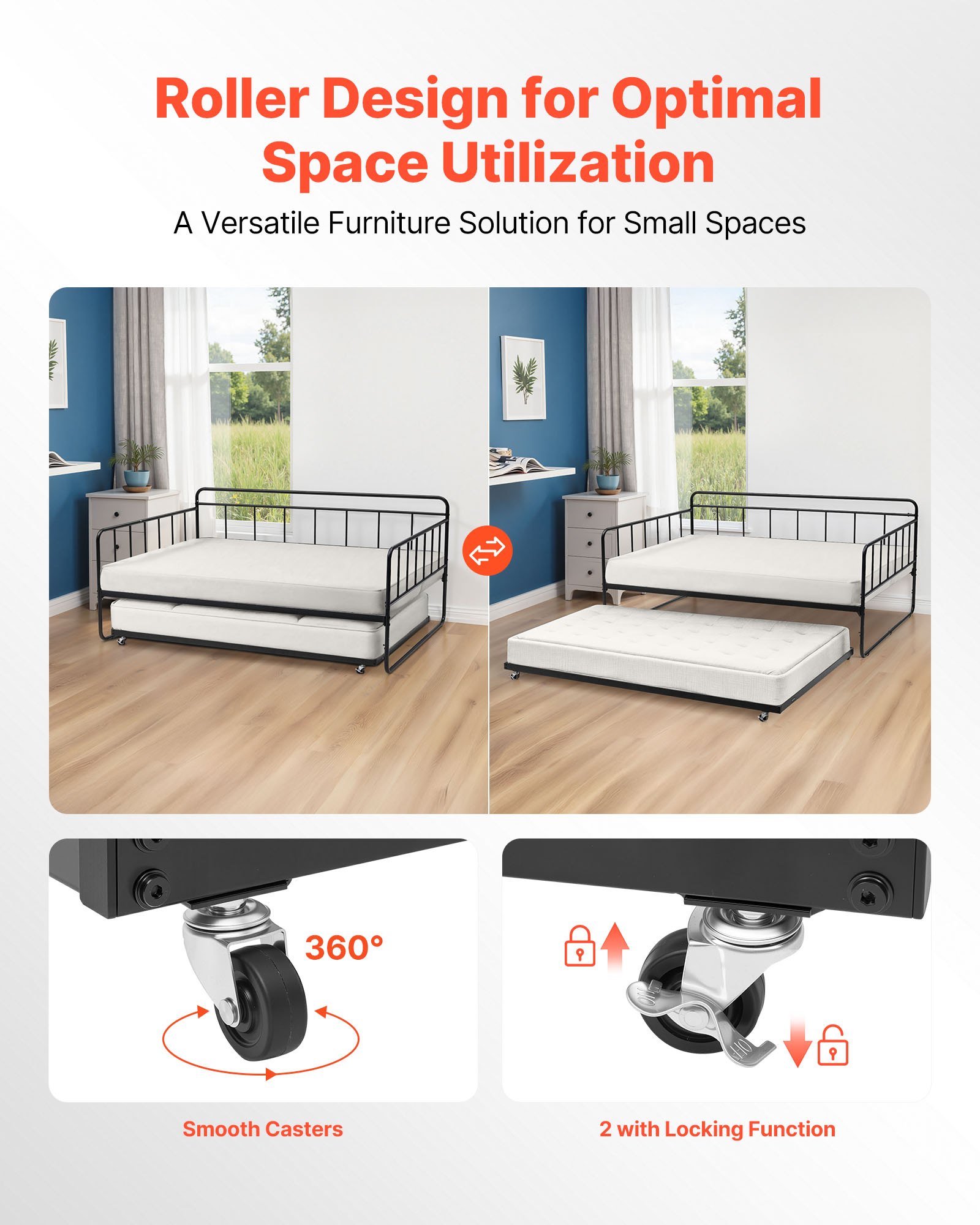 VEVOR Tagesbettrahmen in voller Größe, Tagesbett mit Ausziehbett, Plattformbettrahmen Sofabett (181,44 kg Tragkraft) mit Metalllattenunterstützung für Wohnzimmer Schlafzimmer Gästezimmer, schwarz