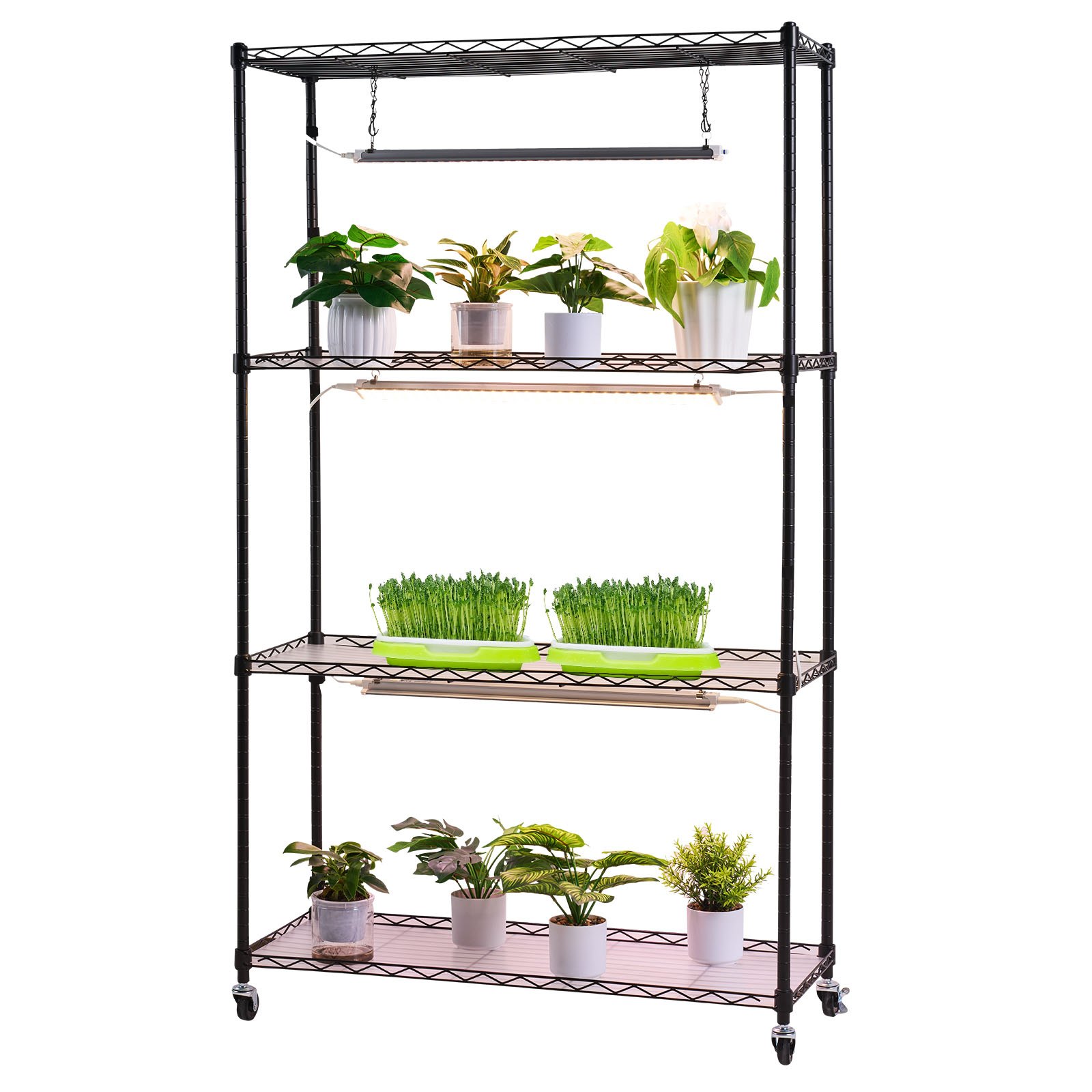 VEVOR Pflanzenregal mit Wachstumslicht 90x35x150 cm, 4-stufiger Pflanzenständer, Pflanzenregal mit Rädern, 90 W 3-farbige Vollspektrum-Lichter, Blumenregal aus Metall für Samenkeimung